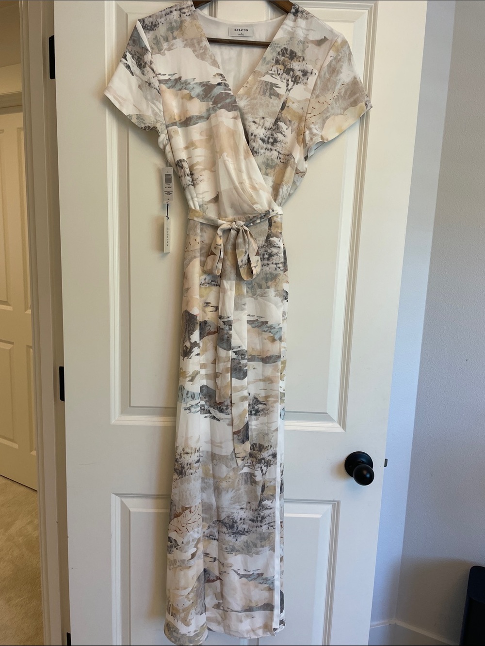 Babaton by Aritzia Neutral Watercolor Print Wrap Maxi Dress